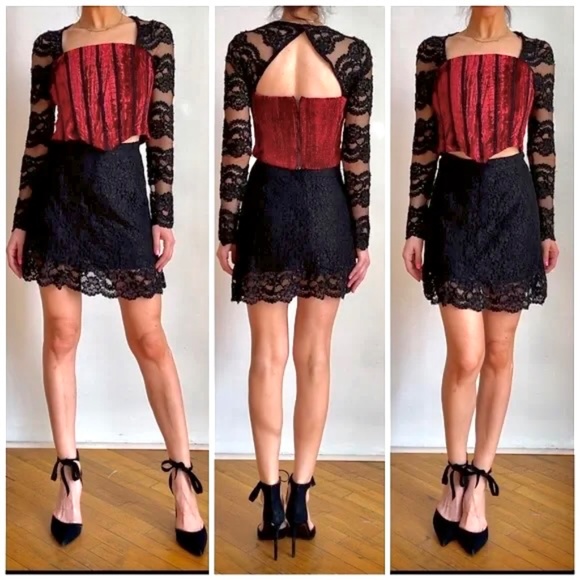 Vintage KATZ Womens Set Handmade Red Velvet Corset Top Lace Black Bead Skirt M - Picture 6 of 12